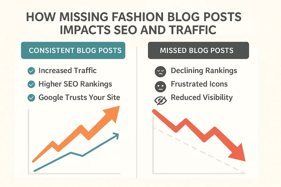 Infographic comparing timely vs. late fashion blog posts, showing lost attention and traffic when trends are missed.
