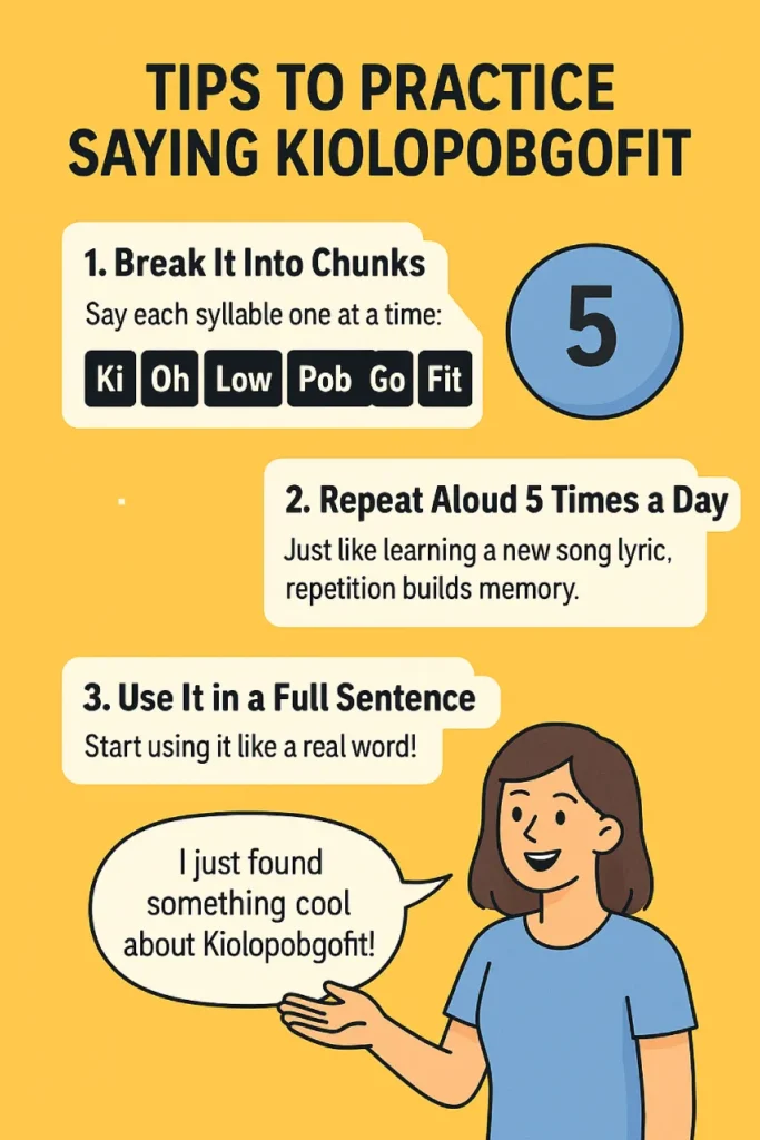 Illustrated guide with three pronunciation practice tips for the word “Kiolopobgofit.” Includes syllable breakdown, repetition advice, and sample usage in a sentence. A cartoon woman gestures toward a speech bubble that says, “I just found something cool about Kiolopobgofit!”