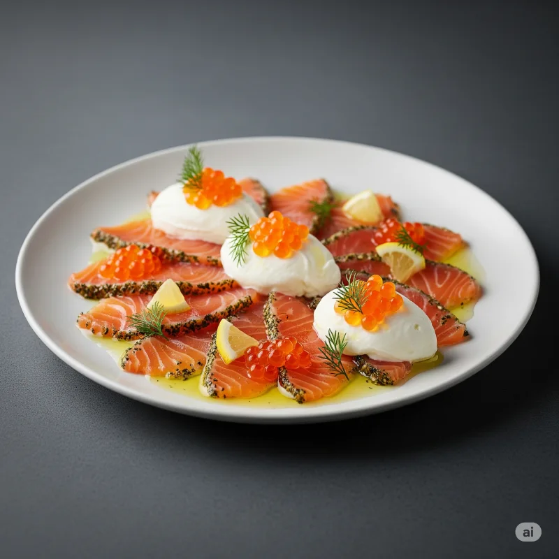 Thinly sliced salmon crudo topped with burrata, salmon roe, lemon wedges, and fresh dill, drizzled with olive oil and served on a white plate.