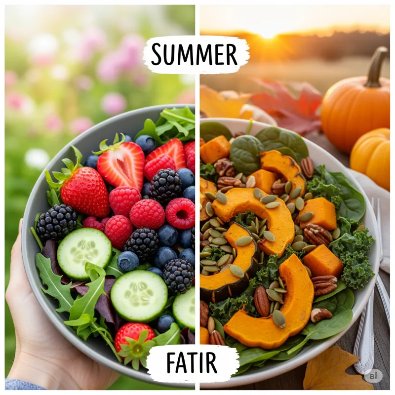 Side-by-side image showing two seasonal salads: one with summer fruits like strawberries, blackberries, and cucumbers, and another with fall ingredients like roasted squash, pecans, and pumpkin seeds on leafy greens.
