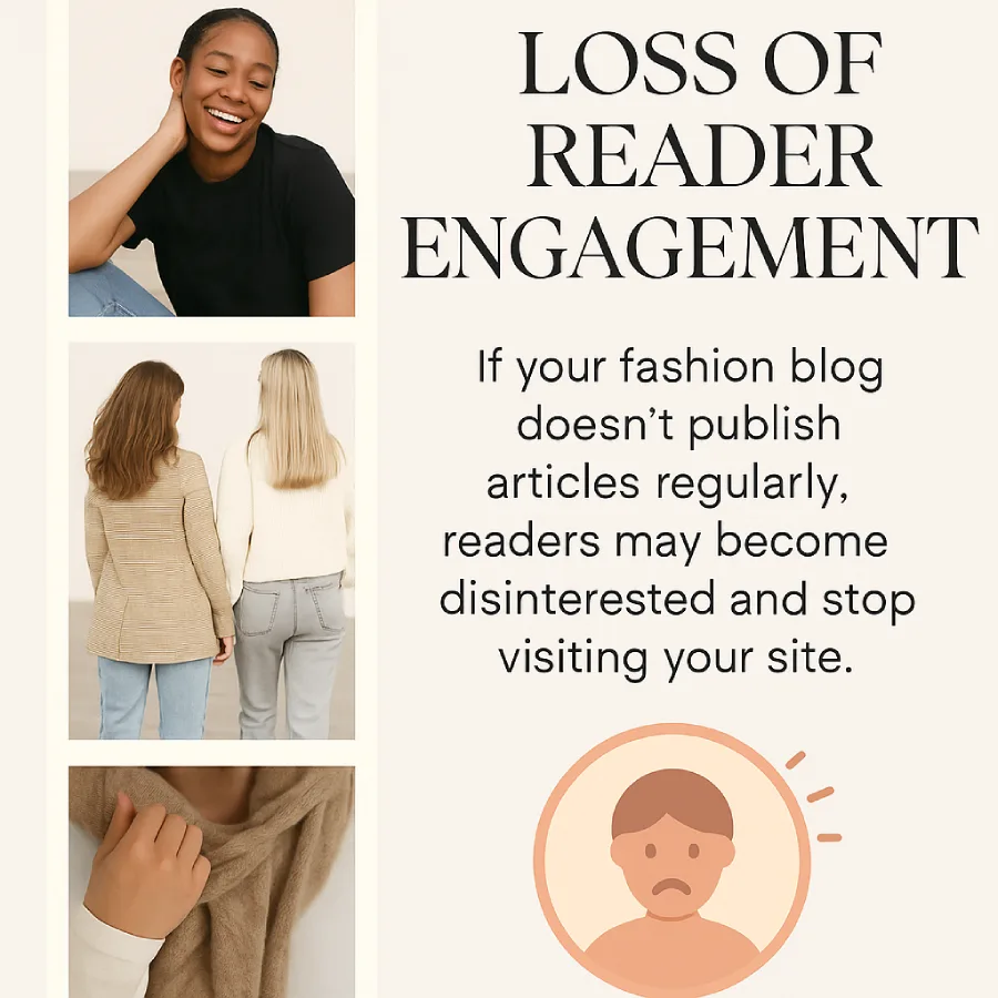 Infographic comparing consistent vs. missed fashion blog posts, showing rising SEO and traffic on one side and declining rankings and visibility on the other.
