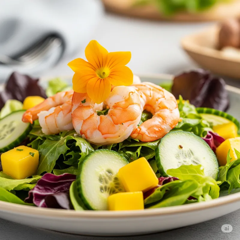A vibrant seafood salad with shrimp, mango cubes, cucumber slices, and leafy greens, topped with an orange edible flower, beautifully presented in a bowl.
