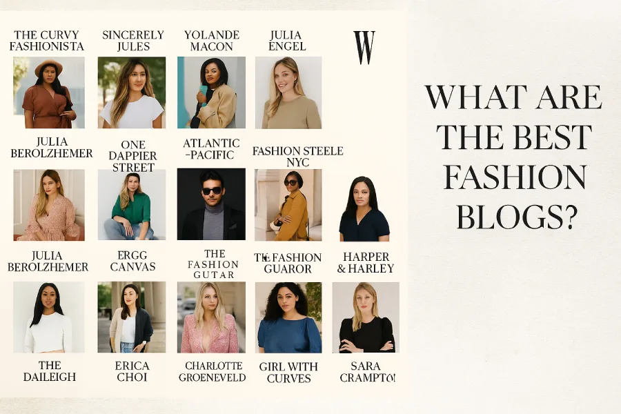 Grid of 14 fashion blog logos and images representing top fashion bloggers like Sincerely Jules, Camila Coelho, Julia Berolzheimer, and We Wore What.