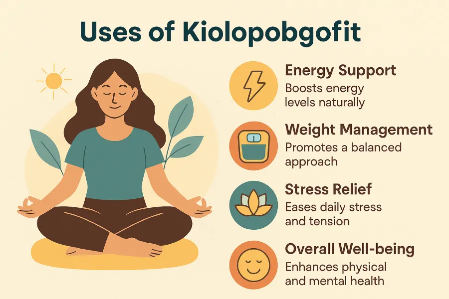 Infographic showing the various uses of Kiolopobgofit in daily life, including boosting energy, managing stress, improving mood, sleep, and forming healthy habits.
