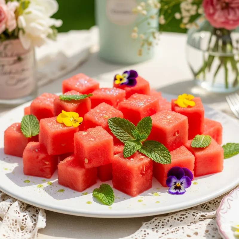 Fresh watermelon cubes garnished with mint leaves and edible flowers, beautifully arranged on a white plate for an outdoor bridal shower brunch.