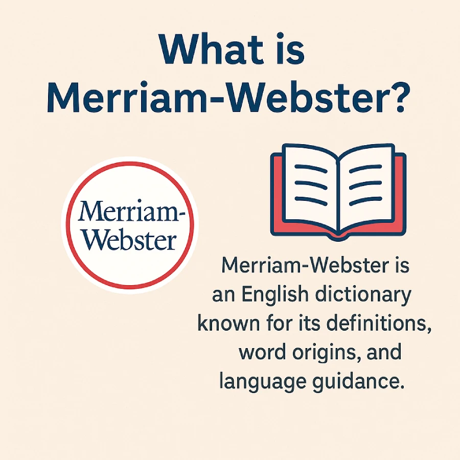 Illustration explaining What is Merriam-Webster with a logo, book icon, and text about it being an English dictionary for definitions and language guidance.