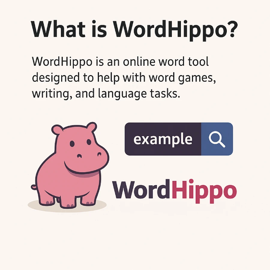 Illustration explaining What is WordHippo with a pink hippo, search bar, and text describing it as an online word tool for games and writing.