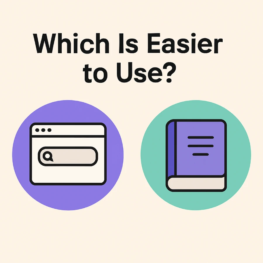 Illustration with the question 'Which Is Easier to Use?' showing a web browser icon and a book icon, representing WordHippo and Merriam-Webster.