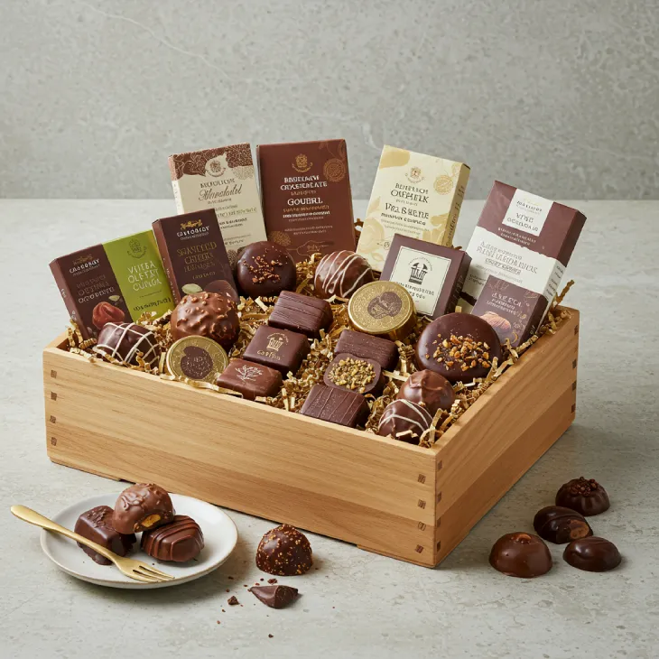 Gourmet artisan chocolate hamper with diverse flavors, natural, and vegetarian options.