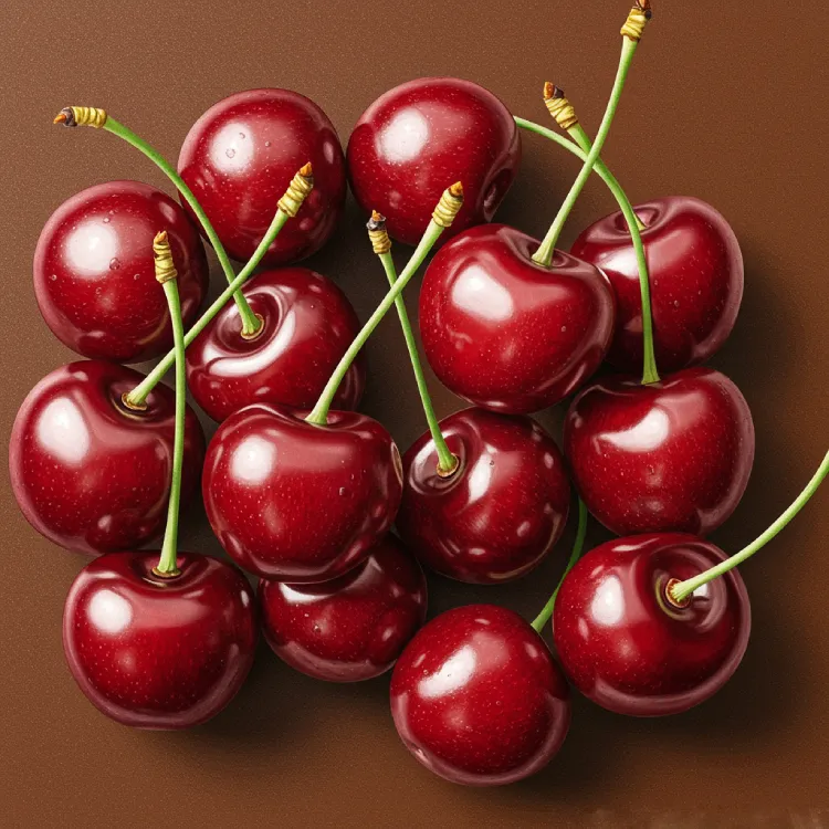 A vibrant, artistic representation of luscious, ripe cherries in their full magnificence, with a subtle hint of chocolate or a chocolate-themed background. Emphasizes superb flavor and harmonious taste intermingling, suitable for a World Chocolate Day treat.
