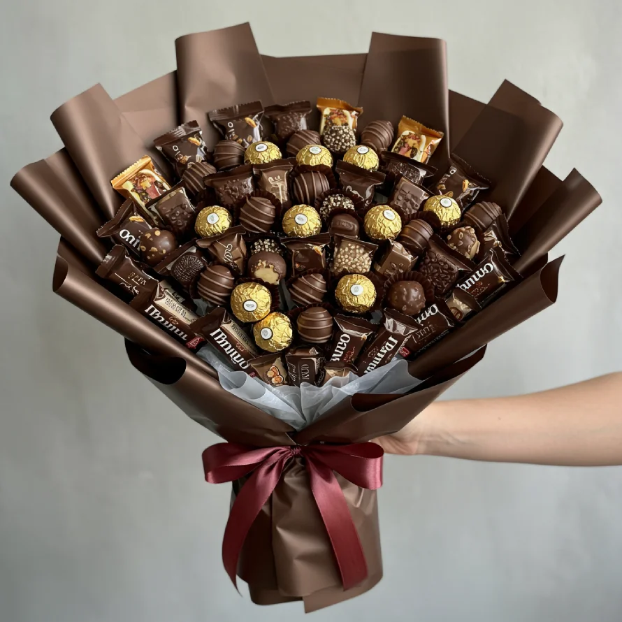 Luxurious chocolate bouquet with assorted chocolates, ribbons, and elegant wrapping, perfect for gifting.
