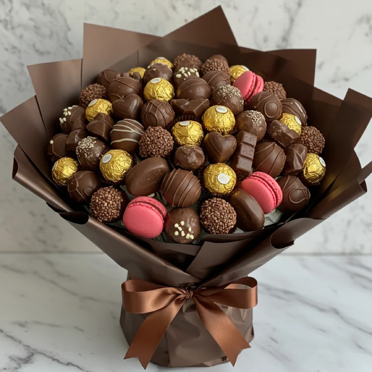 Elegant chocolate bouquet with chocolates, sweets, and macarons resembling a floral arrangement. Emphasizes rich colors and sophisticated presentation.