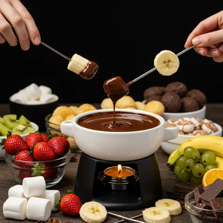 Chocolate fondue set in use, with fruits and marshmallows dipping into melted chocolate. Emphasizes interactive, enjoyable, and warm atmosphere.
