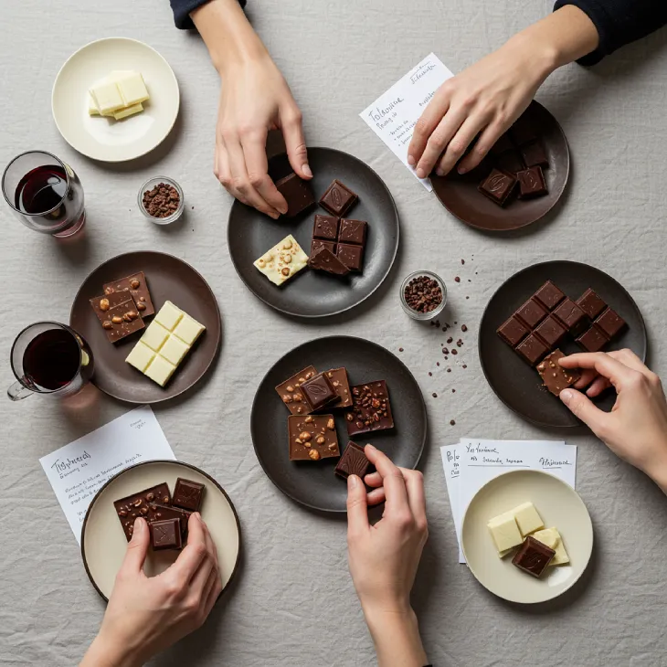 Elegant chocolate tasting with various chocolate types, hands, tasting notes, and a sophisticated, inviting atmosphere.