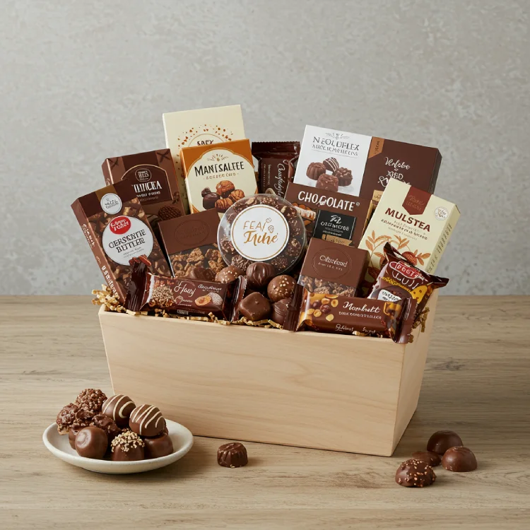 A beautifully arranged, customizable chocolate gift hamper, filled with a variety of decadent chocolates and pleasant treats. The image shows elements of personalization and creativity, with a warm, inviting feel, making the basket look appealing and ready for gifting.