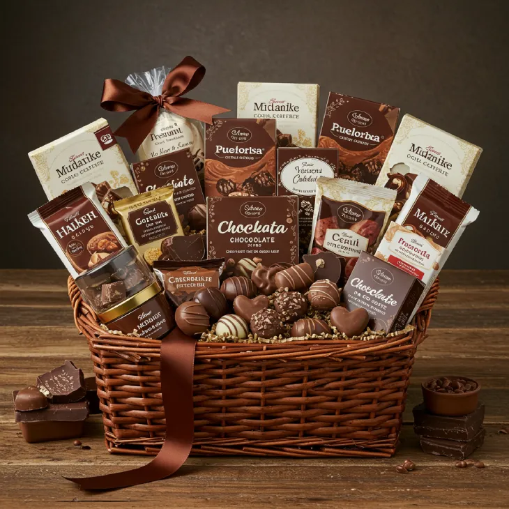 A beautifully arranged, customizable chocolate gift hamper, overflowing with a variety of decadent chocolates and pleasant treats. The image shows elements of personalization and creativity, with a warm, inviting feel. The basket looks appealing and ready for gifting, emphasizing rich chocolate textures and colors.