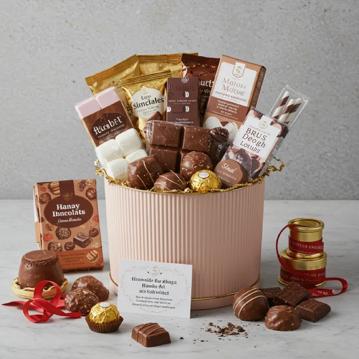 Decorative DIY chocolate hamper with chocolates, marshmallows, biscuits, hot chocolate mix, ribbons, and a card, emphasizing personal touch and joy of gifting.