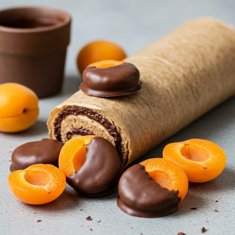 A visually appealing arrangement of pleasant apricots generously covered in rich, dark chocolate, presented in a good-looking roll. Emphasizes smooth chocolate texture and natural apricot form, with a gourmet, delectable, and inviting 'real chocolate vibe'