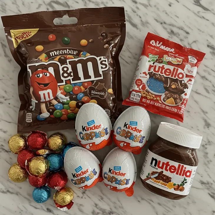 A vibrant and joyful image of chocolate treats for kids, featuring a colorful bag of M&Ms, three exciting Kinder Surprise eggs, and a jar of iconic Nutella spread. Emphasizes bright colors, fun, and happiness, with a playful and inviting 'real chocolate vibe' suitable for children.