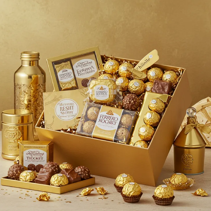 A luxurious and whimsical chocolate gift hamper, reminiscent of Willy Wonka's factory, filled with beloved delights including Ferrero Rocher. Features golden accents, rich chocolates, and a magical, indulgent atmosphere, perfect for a 'Golden Ticket' experience.
