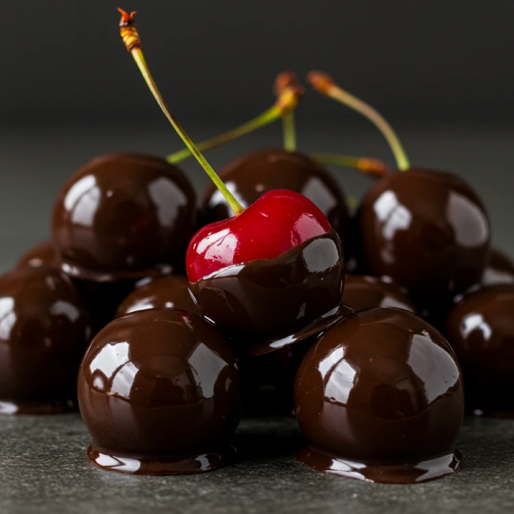 Close-up, high-quality food photography of delicious glazed cherries generously hand-dipped in rich, dark chocolate. Highlights glossy chocolate and vibrant red cherry, evoking sweet and bitter perfection and a nostalgic, comforting feeling with a strong 'real chocolate vibe'