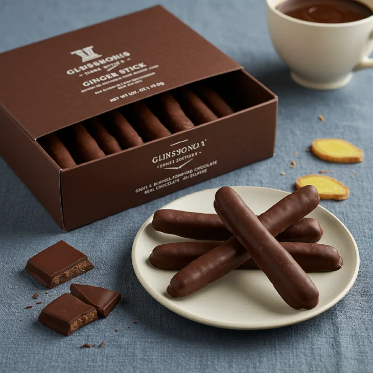 Stylish ginger sticks partially dipped in rich, dark chocolate, presented elegantly as a gourmet treat.