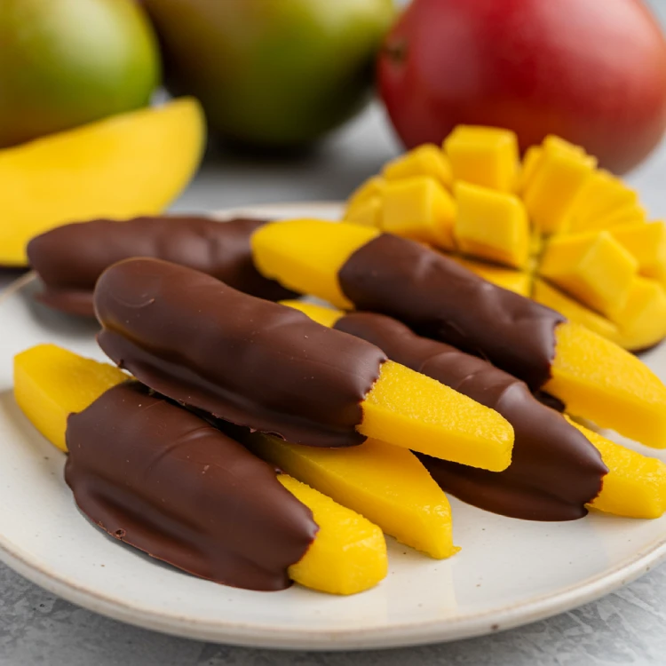 Visually appealing strips of vibrant mangoes generously dipped in rich, dark chocolate, showcasing a smooth, glossy texture. The presentation is high-quality, highlighting its appeal for vegan, lacto-vegetarian, and gluten-free diets, with a delectable chocolate vibe.