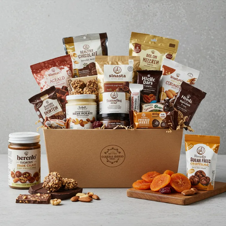 A visually appealing 'Healthy Chocolate Hamper' filled with dark chocolates, sugar-free chocolates, protein bars, nuts, dried fruits, and organic cocoa-based treats. Emphasizes a fresh, natural, and wholesome aesthetic, suitable for health enthusiasts or those favoring guilt-free indulgence.