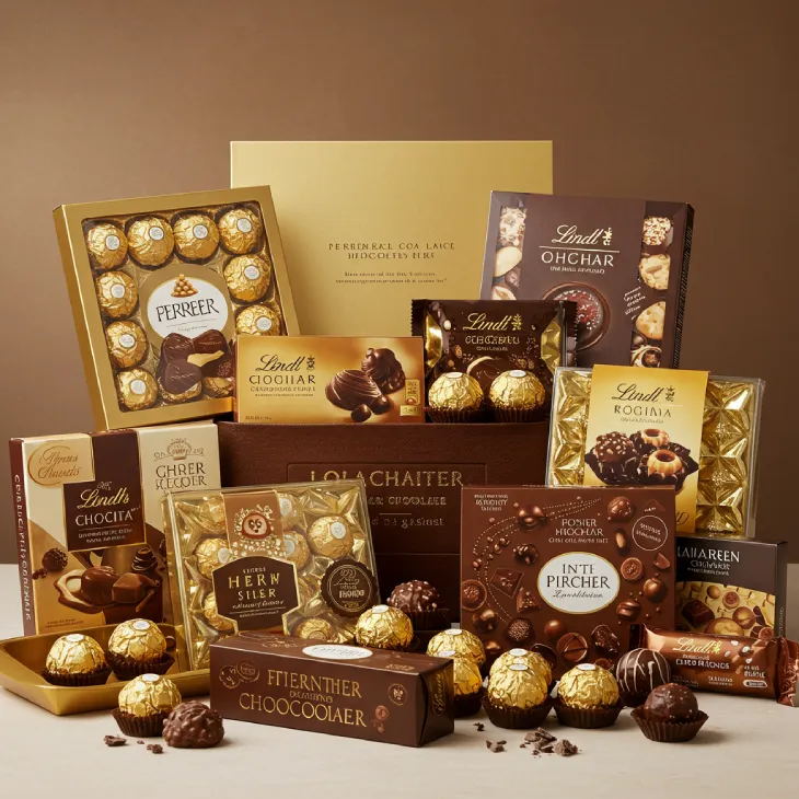 A luxurious and elegantly arranged chocolate hamper, featuring premium chocolates from brands like Ferrero Rocher, Godiva, and Lindt. Emphasizes sophisticated packaging, rich textures, and an opulent presentation, conveying exclusivity and impressiveness, with a 'real chocolate vibe'.