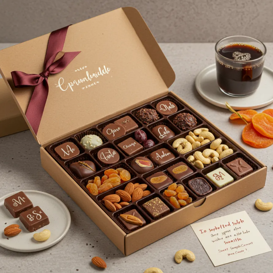 Luxurious personalised chocolate box with imprinted chocolates, almonds, cashews, and a sweet note.