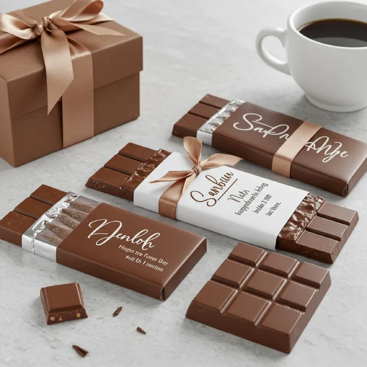 Personalized chocolate bars with custom wrappers (names, messages, photos), emphasizing rich chocolate and thoughtful touch.