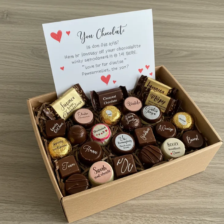 A beautifully arranged personalized chocolate hamper, featuring a mix of various chocolates with custom wrappers displaying names or messages, and a prominent handwritten note. Emphasizes thoughtfulness, warmth, and a unique touch, with a 'real chocolate vibe' and appealing presentation.