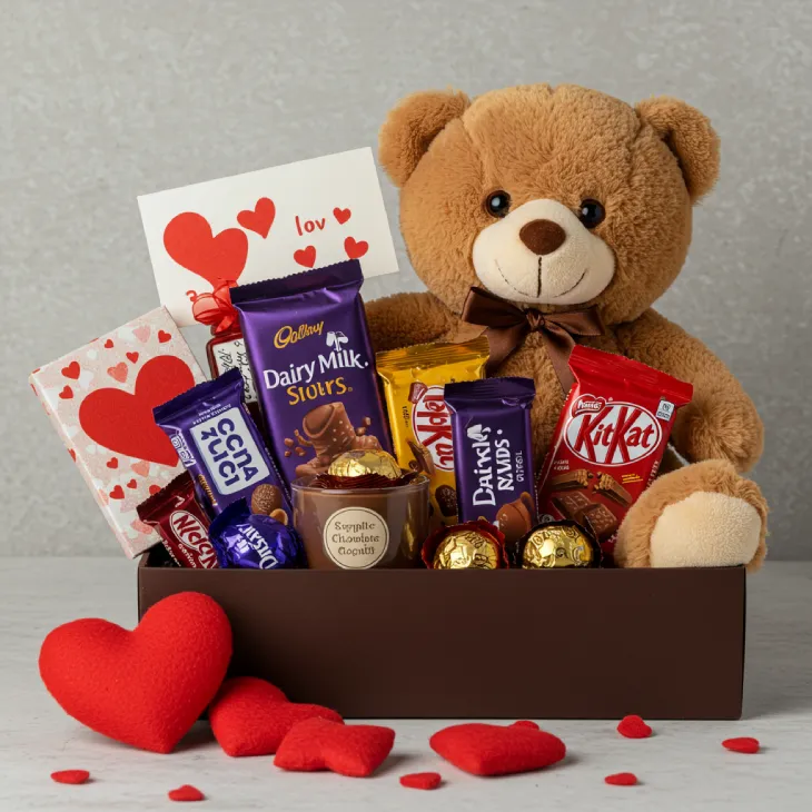 Sweet chocolate & teddy bear hamper with various chocolates, love note, and candle.