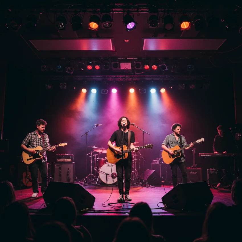 Live photo of an indie band performing on stage with colorful stage lights and audience silhouettes in the foreground.