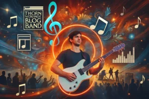 Guitarist with neon music notes and crowd, representing Thorn-Magazine Blog Band.