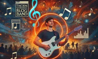 Guitarist with neon music notes and crowd, representing Thorn-Magazine Blog Band.