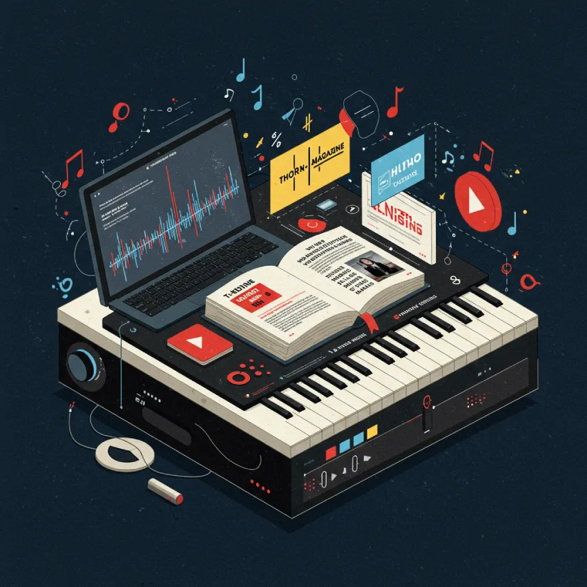 Illustration of a keyboard synthesizer with a laptop, open book, and digital music icons, representing Thorn-Magazine’s innovative approach to music storytelling.