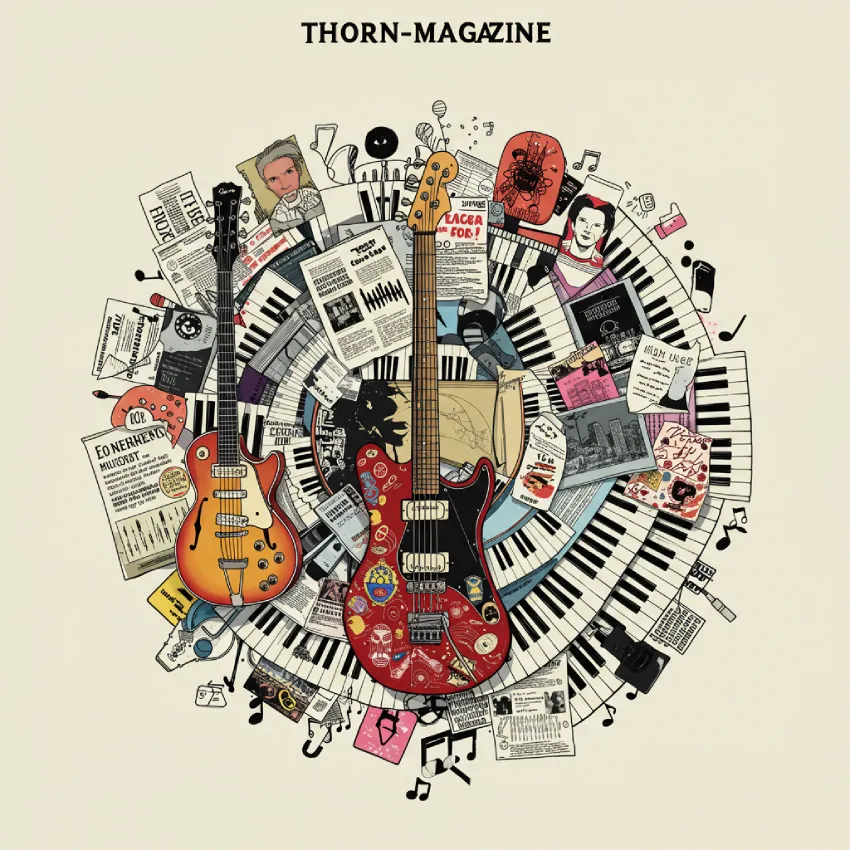 Illustration of guitars surrounded by piano keys, musical notes, and scattered documents, symbolizing the diverse content on Thorn-Magazine’s website.
