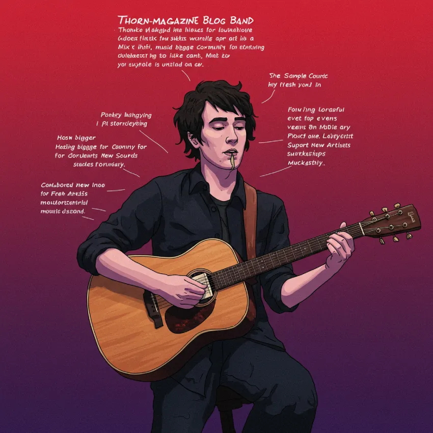 Illustration of guitarist with handwritten notes about Thorn-Magazine Blog Band’s future plans.