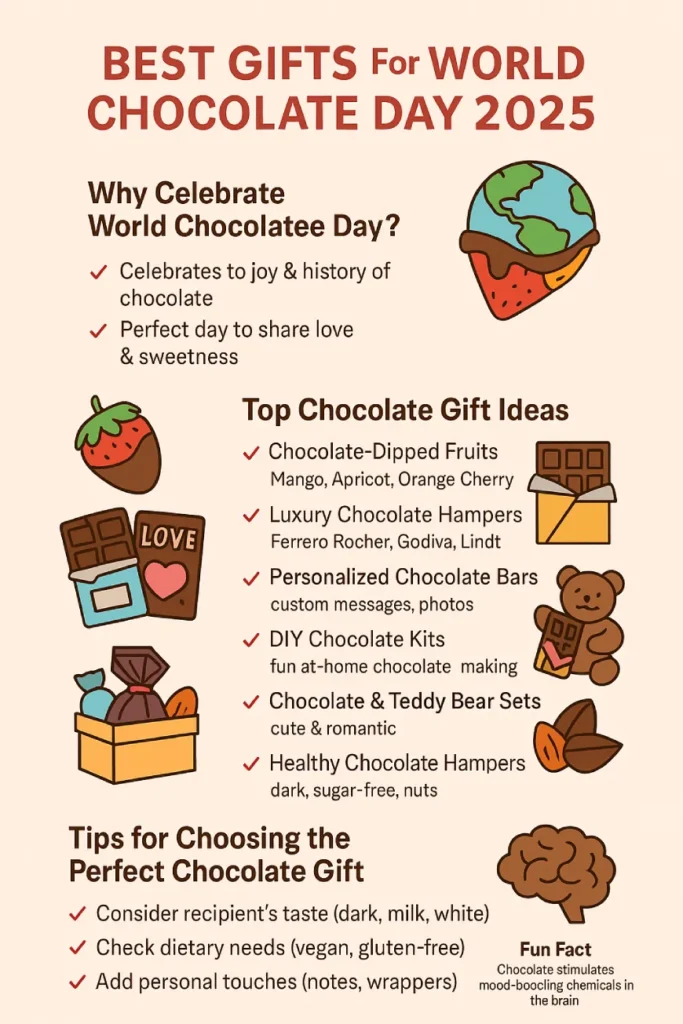 Infographic showing best chocolate gift ideas for World Chocolate Day 2025 including chocolate-dipped fruits, luxury hampers, personalized bars, DIY kits, teddy bear sets, and healthy options with tips on choosing the perfect chocolate gift.