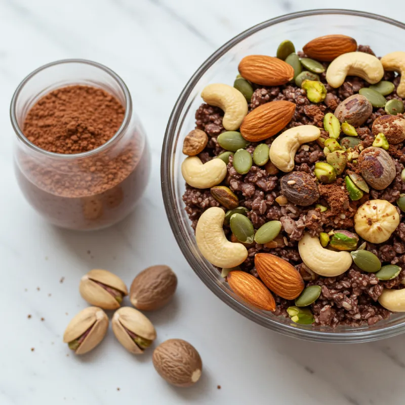Delicious and healthy chocolate breakfast with almonds, cashews, pumpkin seeds, foxnuts, cocoa powder, pistachios, and nutmeg.