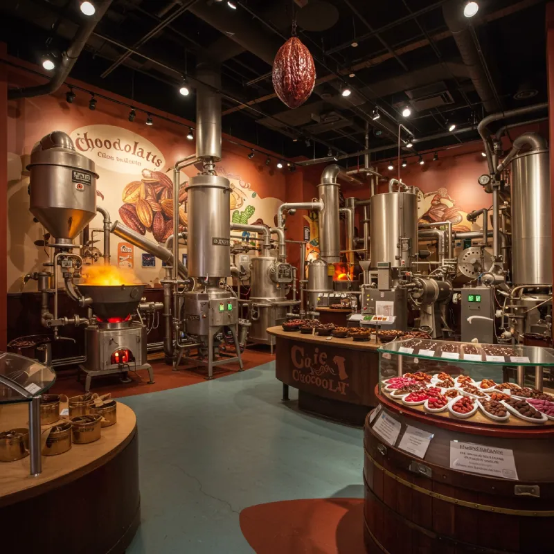 Vibrant chocolate factory interior showing cacao beans, machinery, and a chocolate tasting area.