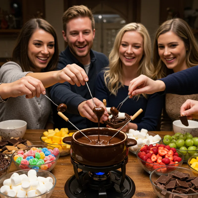 Joyful gathering around a chocolate fondue station, dipping fruits, candies, and marshmallows.