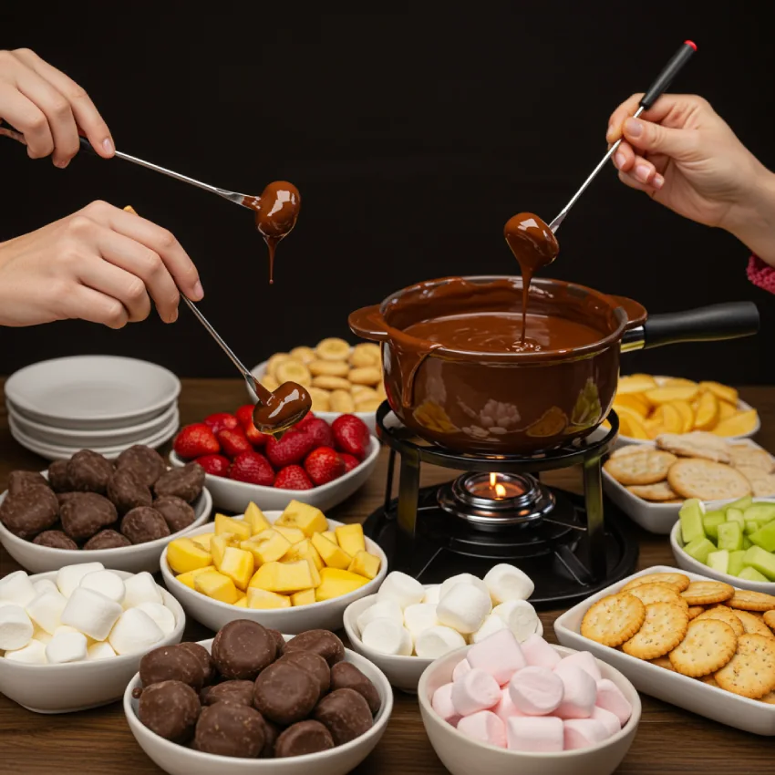Vibrant chocolate fondue party with melted chocolate, fresh fruit, marshmallows, and crackers.