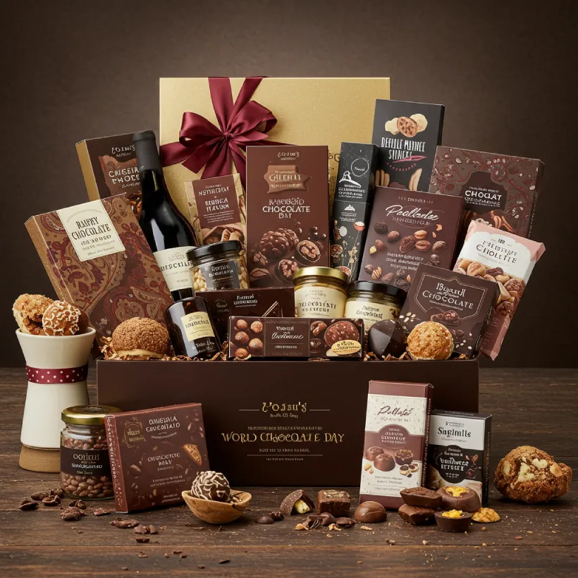 Luxurious chocolate gift hamper with premium chocolates, gourmet treats, and complementary items.