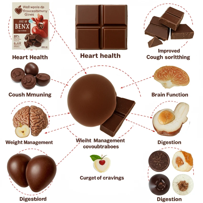 Infographic or collage showing chocolate's benefits for heart health, immunity, brain function, weight, cravings, and digestion.