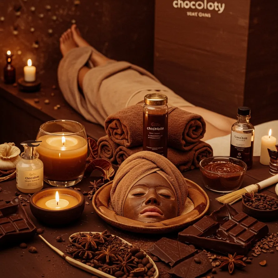 Luxurious chocolate spa setting with a person relaxing, chocolate masks, and serene lighting.