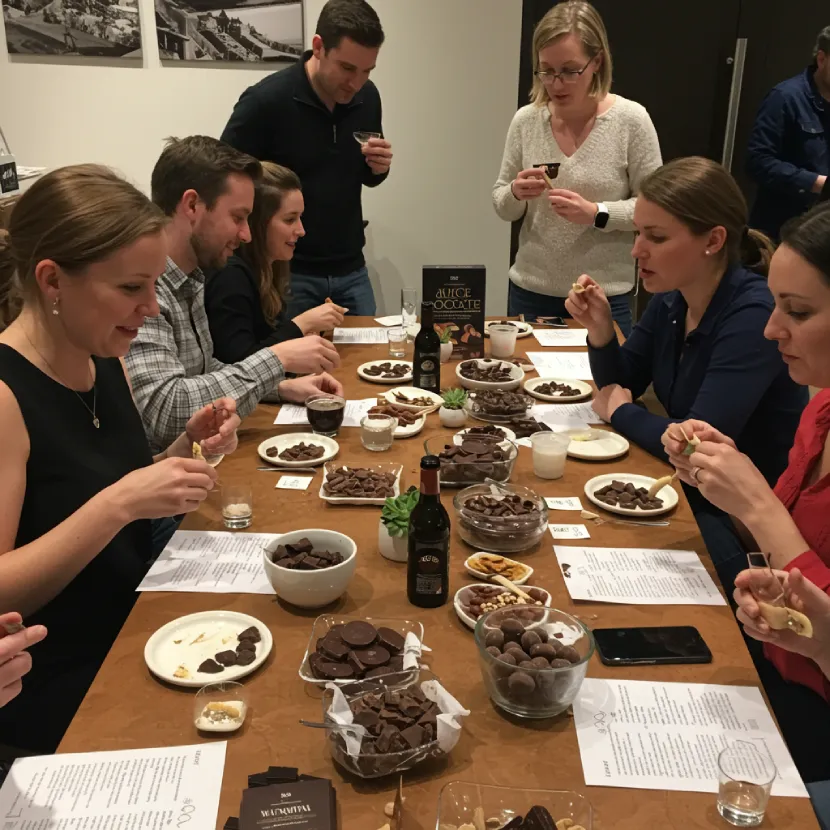 Friends and family enjoying a lively chocolate tasting party with various gourmet chocolates.