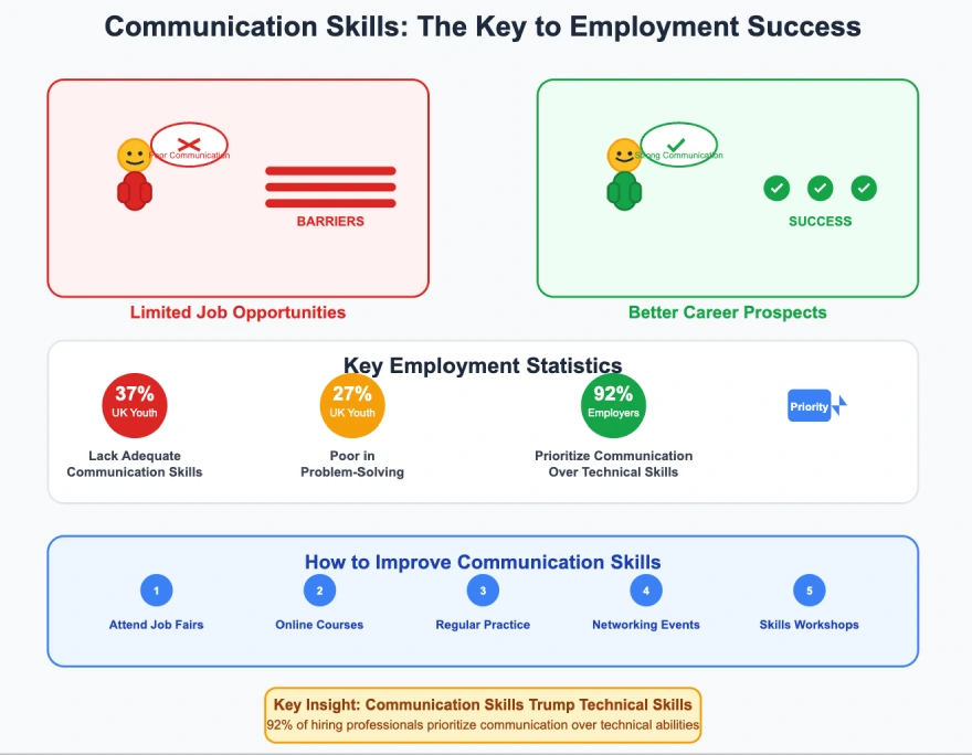 Infographic showing communication skills impact on youth employment with statistics: 37% of UK youth lack adequate communication skills, 27% poor in problem-solving, and 92% of employers prioritize communication over technical skills