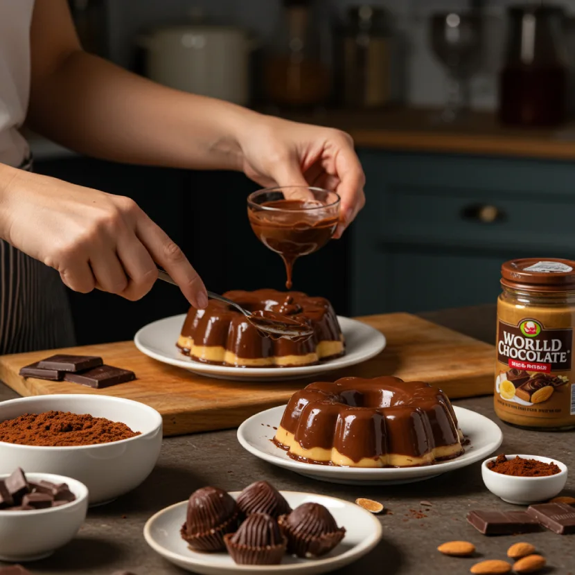 Hands preparing chocolate puddings or cupcakes with chocolate milk masala and almond butter.
